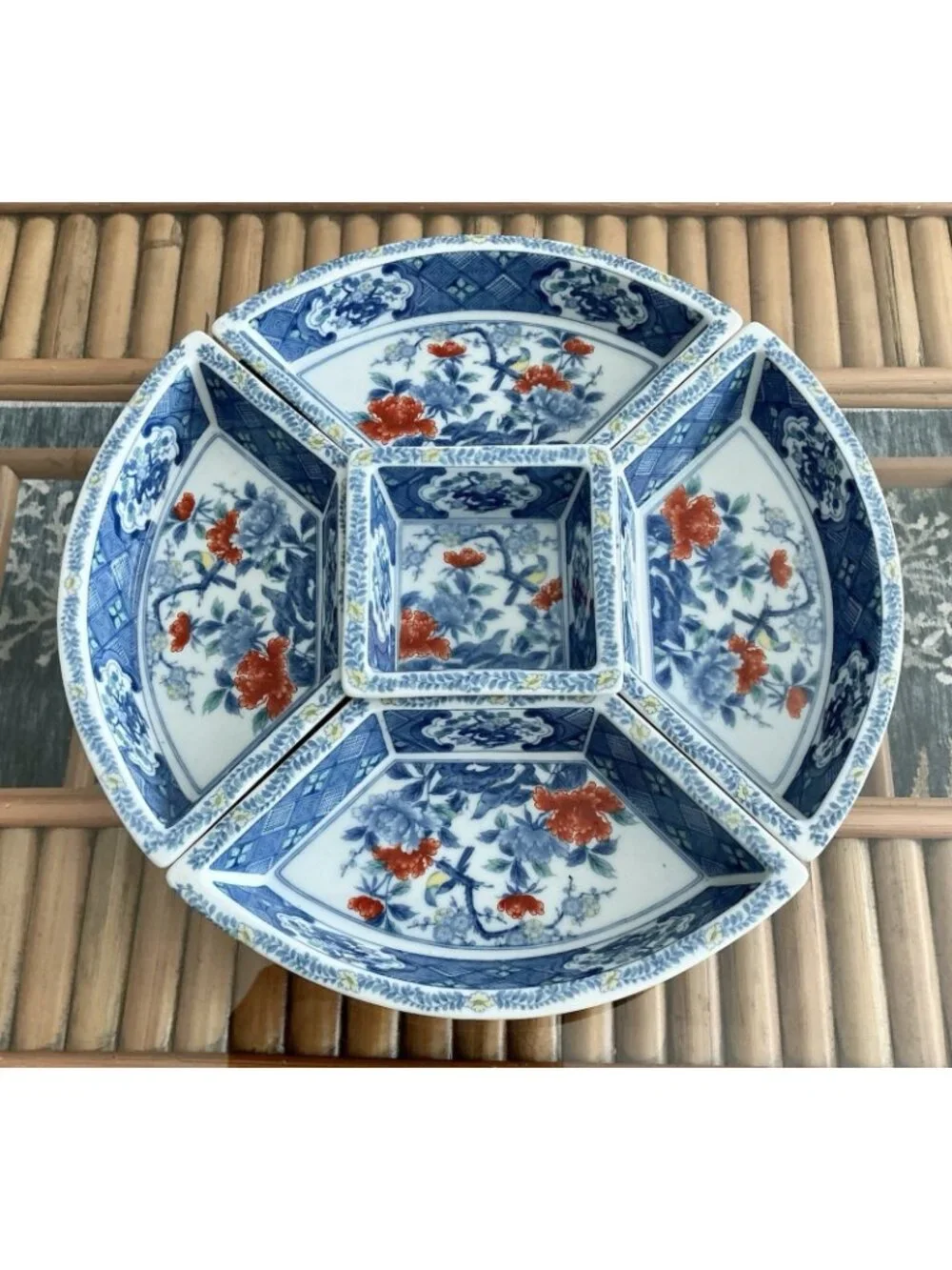 Chinoiserie Blue & White 5 Section Lazy Susan Serving Carousel Imari Porcelain
